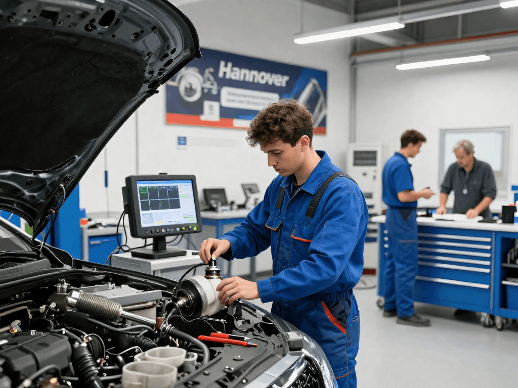 DPF Reinigung Hannover in einer modernen Werkstatt mit Techniker, der das Dieselpartikelfilter prüft.