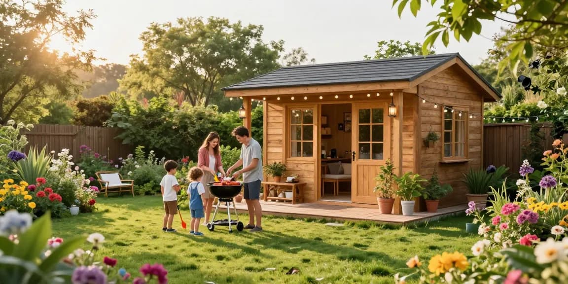 Gemütliches Gartenhaus umgeben von Blumen, Familie genießt sonnigen Tag im Garten.