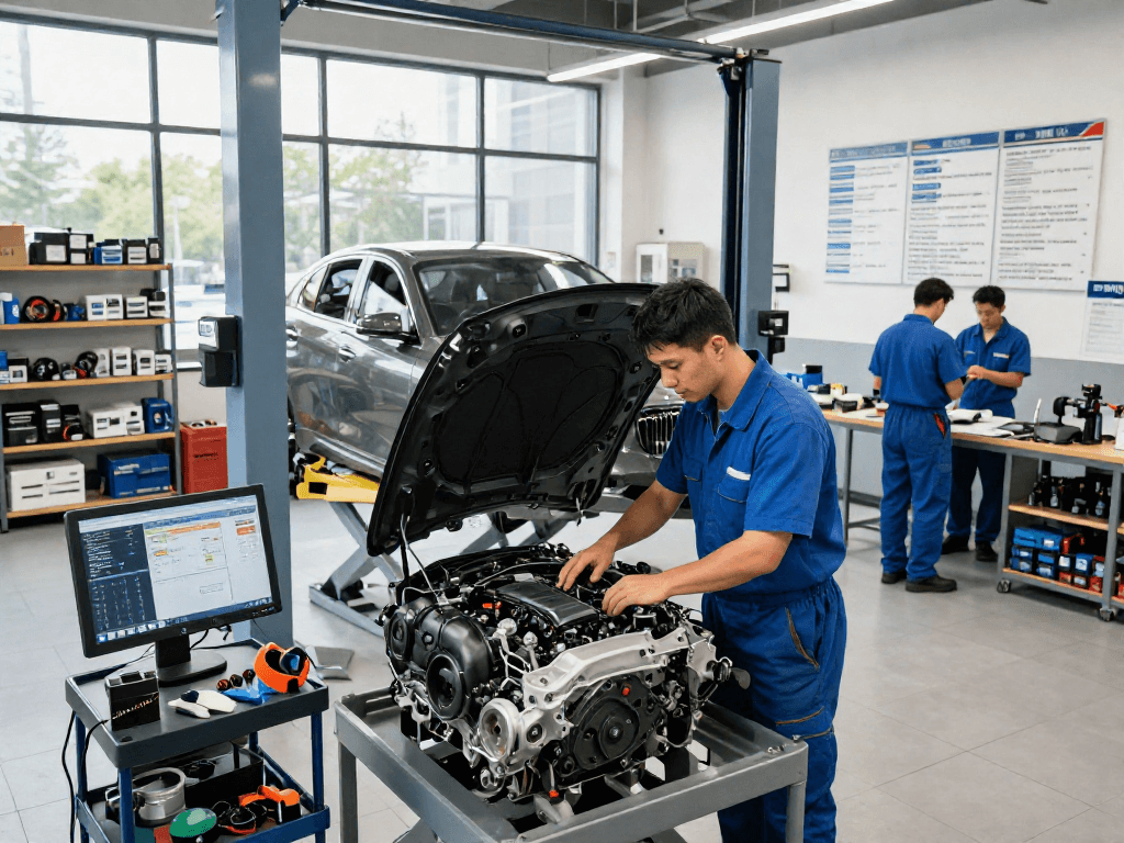 Professionelles Team in der BMW Werkstatt Hannover, das an der Motoroptimierung und Tuning arbeitet.