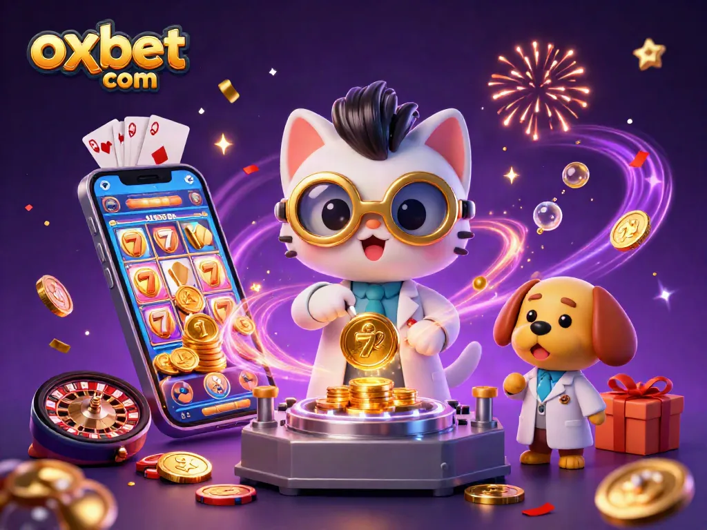 Experience the excitement at oxbet com with a fun 3D illustration of a mad scientist cat creating gold coins.