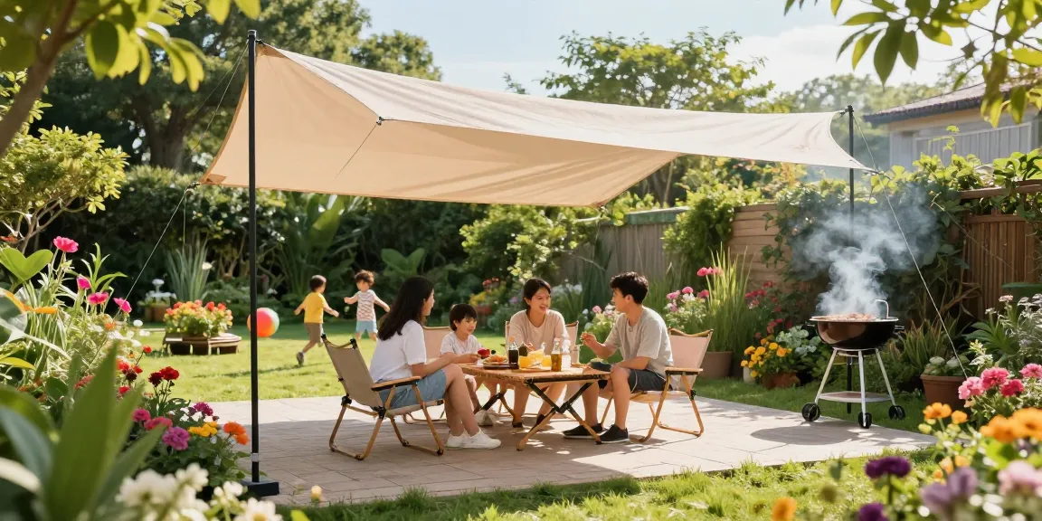Freistehende Terrassenüberdachung in einem Garten mit Familie, die einen sonnigen Nachmittag genießen.
