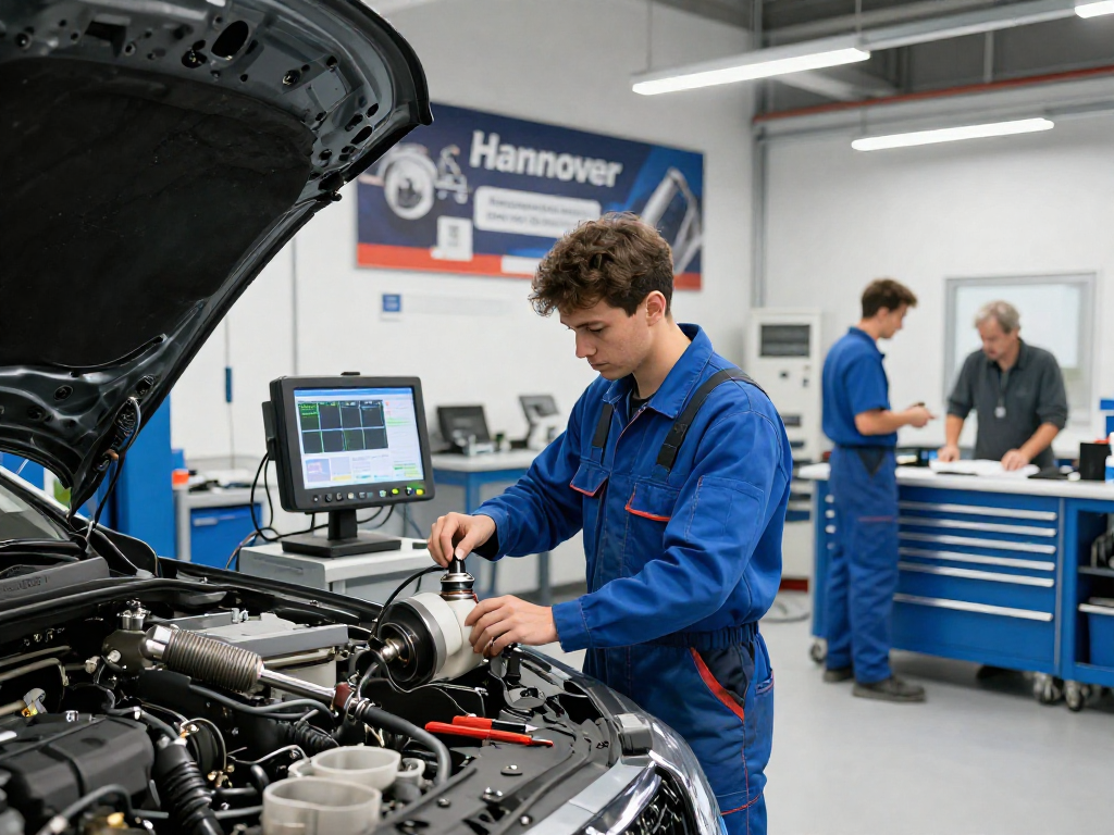 DPF Reinigung Hannover in einer modernen Werkstatt mit Techniker, der das Dieselpartikelfilter prüft.