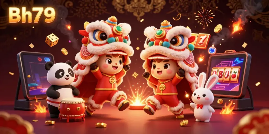 Engage with the exciting Bh79 casino experience featuring a festive lion dance surrounded by winning slots and casino elements.
