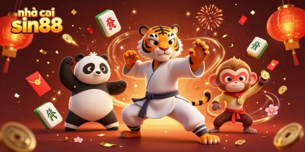 Experience thrilling gaming at nhà cái sin88 with kung fu characters celebrating wins amidst vibrant casino elements.