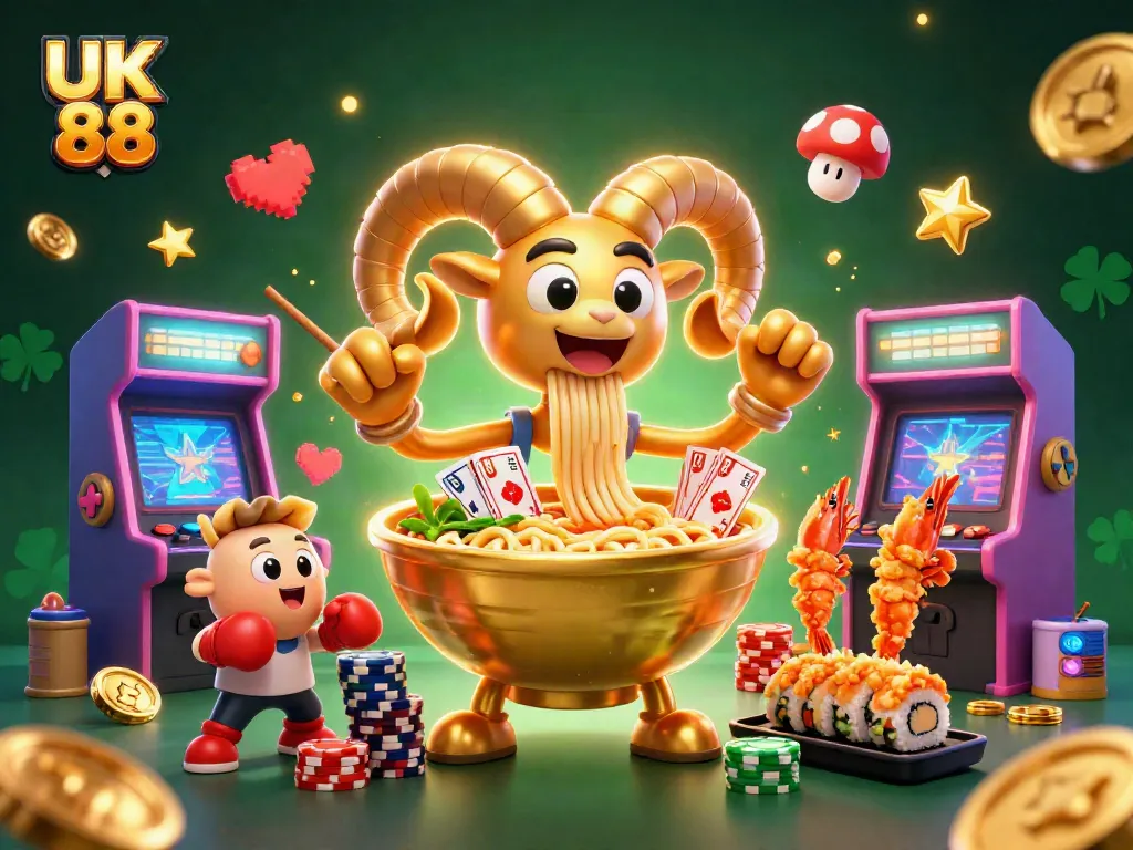 Engage with UK 88's fun-filled scene featuring a ramen bowl dealer, chips, and vibrant gaming elements.