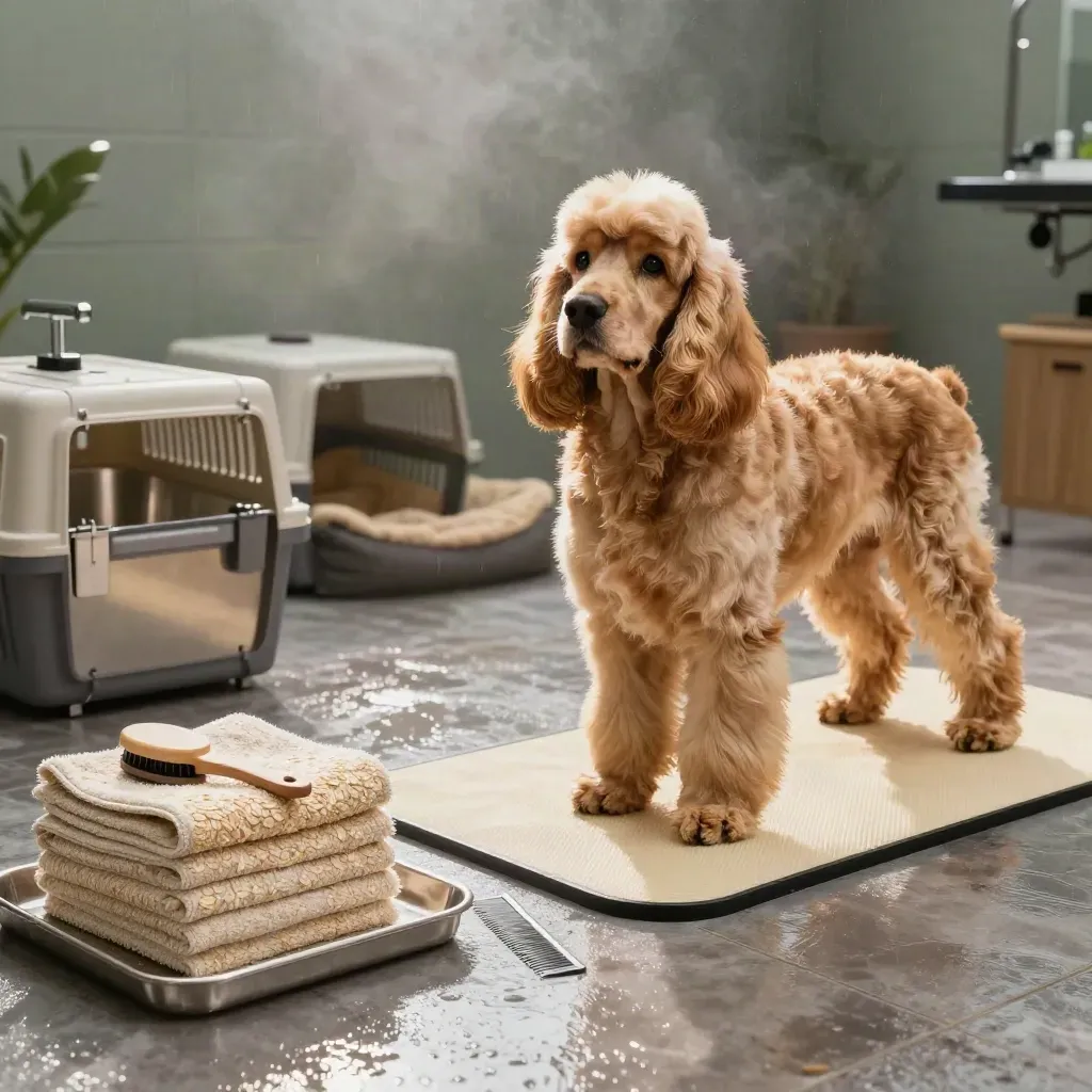 Frisch gepflegter Cocker-Spaniel im Pflegesaal mit Werkzeugen und ruhiger Atmosphäre.