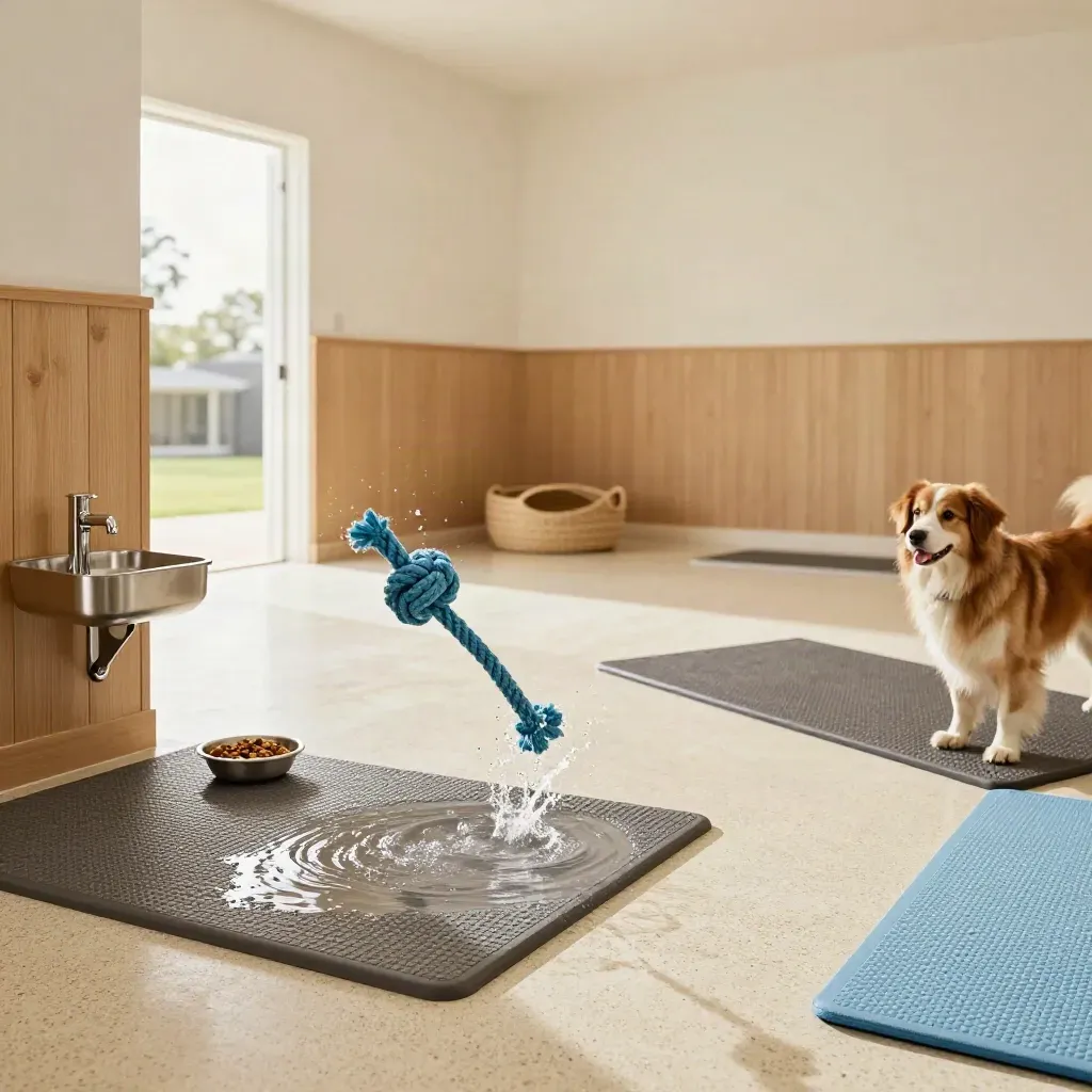 Hunde-Tagesbetreuungsraum mit Spielknoten, Wasserschale und Ruhekorb in Bewegung