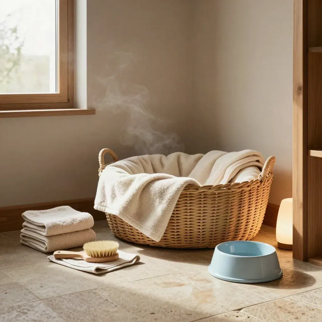 Ruhige Hundepflege-Ecke mit Schlafkorb, Decke, Handtüchern und blauem Napf im warmen Licht.