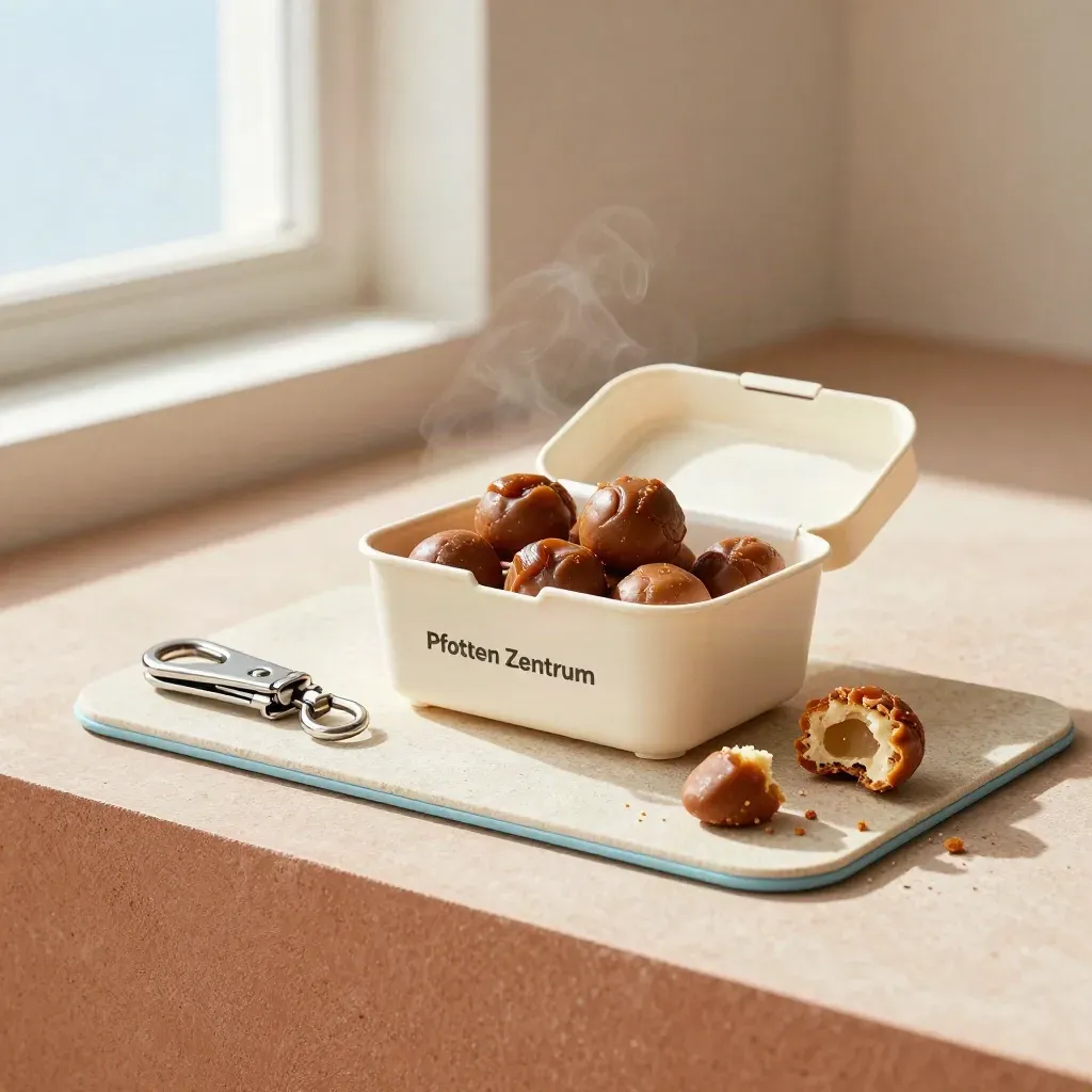 Trainingsset mit Leckerli-Box, Leinenclip und Mini-Matte auf Steinplatte im weichen Tageslicht
