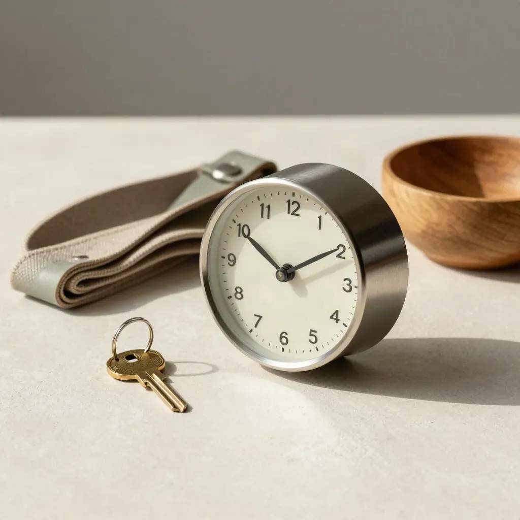 Schlichtes Stillleben mit Uhr, Schlüsselring, Leine und Holzschale auf hellem Putz.