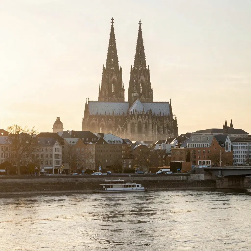 Kölner Dom als dunkle Silhouette über dem Rhein im warmen Abenddunst.
