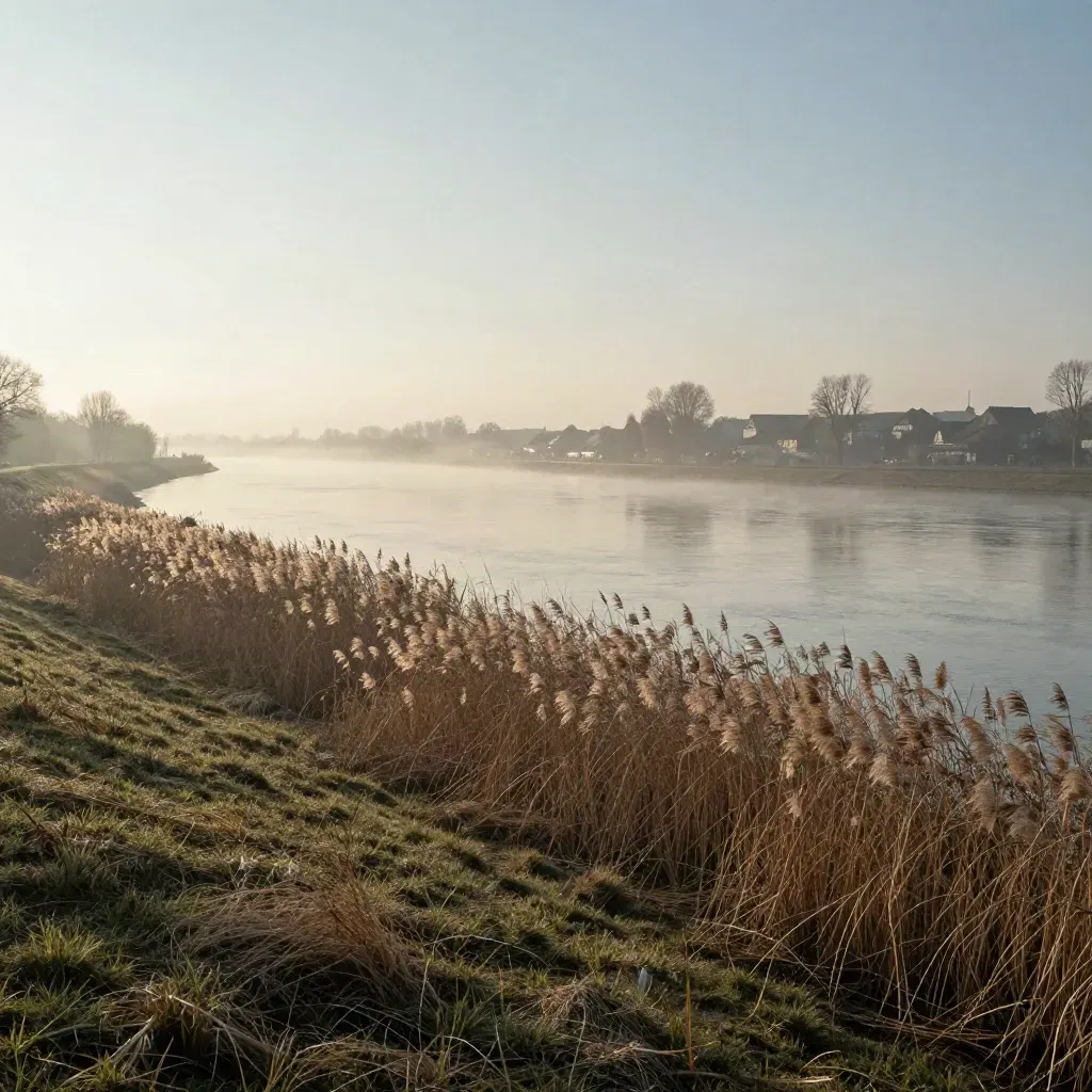 Ruhiger Rheinbogen bei Köln Süd im Morgennebel mit Ufergrün und fernen Dachlinien.