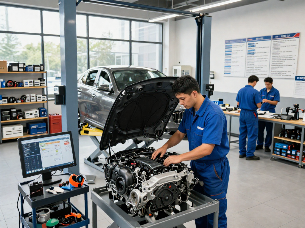 Professionelles Team in der BMW Werkstatt Hannover, das an der Motoroptimierung und Tuning arbeitet.