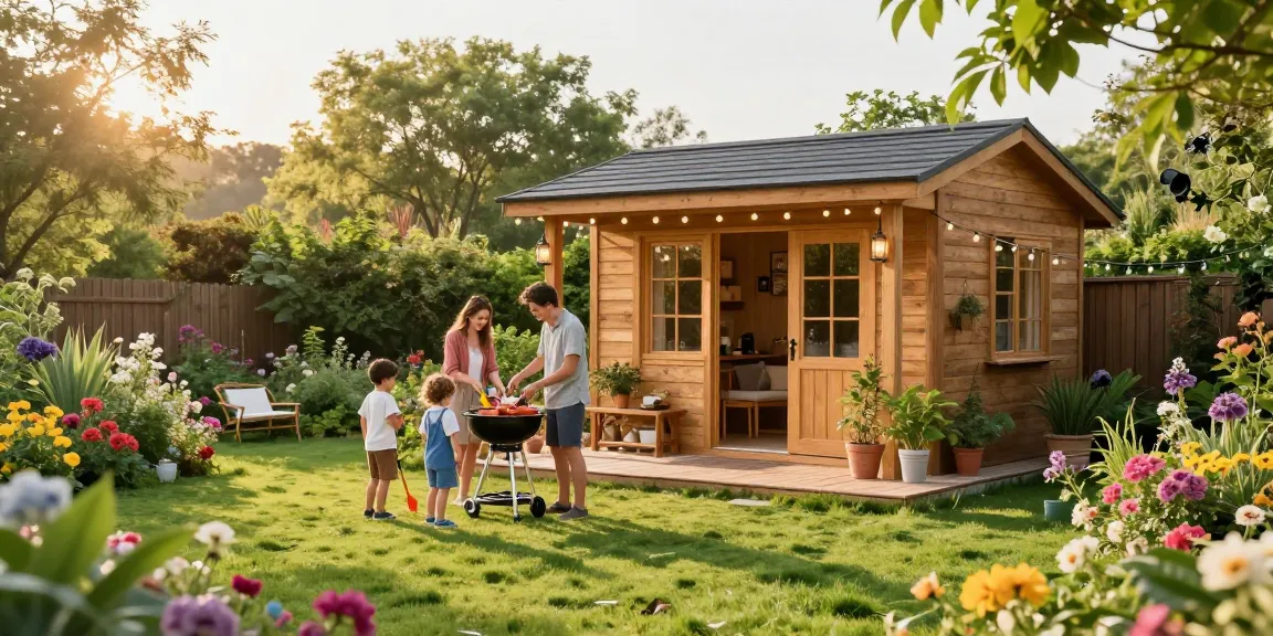 Gemütliches Gartenhaus umgeben von Blumen, Familie genießt sonnigen Tag im Garten.