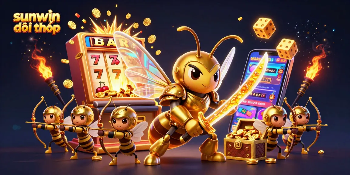 Sunwin đổi thưởng showcases a vibrant 3D casino scene with a golden hornet samurai amidst dynamic slot game elements.
