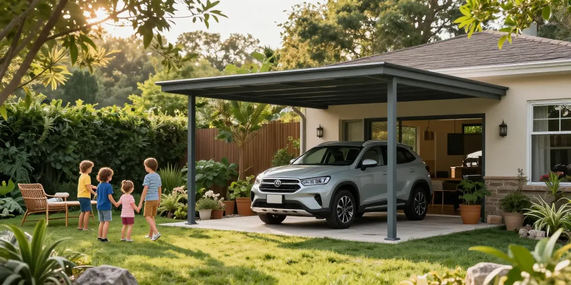 Moderne Carport-Struktur im Garten mit Familienaktivitäten und entspannender Atmosphäre.