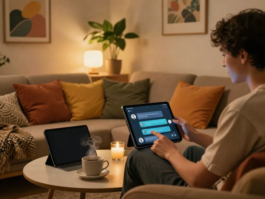 Engaging spicy chat experience with AI chatbot on a tablet in a cozy digital lounge.