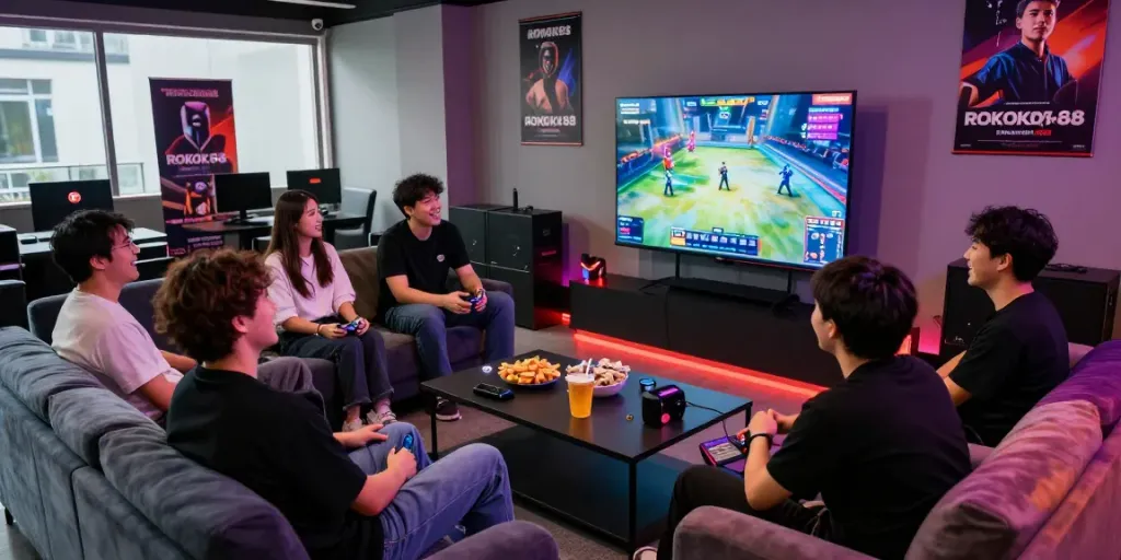 ROKOK88 gaming community engaging in competitive gameplay during a lively gaming night.
