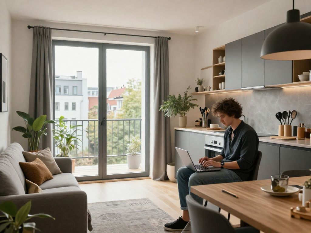 Moderne Monteurwohnung in Hannover mit komfortablem Wohnbereich und voll ausgestatteter Küche.