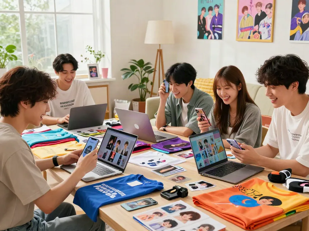 BTS fans enjoying the vibrant rokok88 online shopping experience with colorful merchandise options.