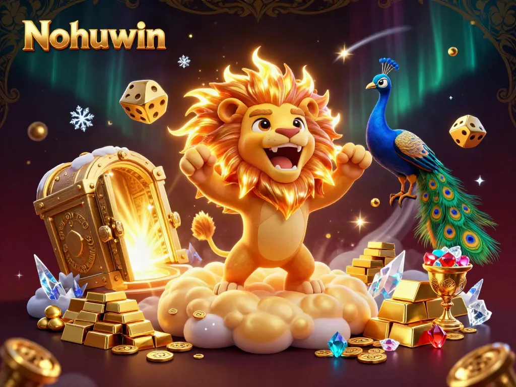 Nohuwin casino scene featuring a roaring lion and golden dice amidst a dazzling treasure realm.