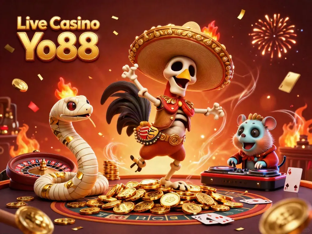 Experience the excitement of Live Casino Yo88 with a vibrant 3D illustration featuring festive characters and casino games.