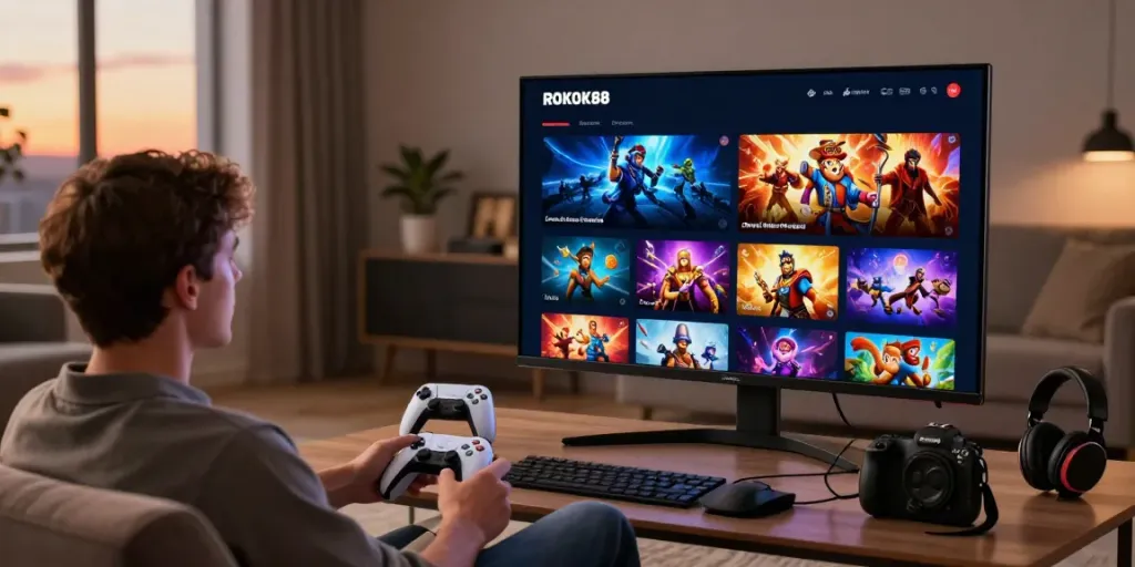 Digital gaming scene with a user navigating the ROKOK88 platform on a sleek interface in a cozy living room.