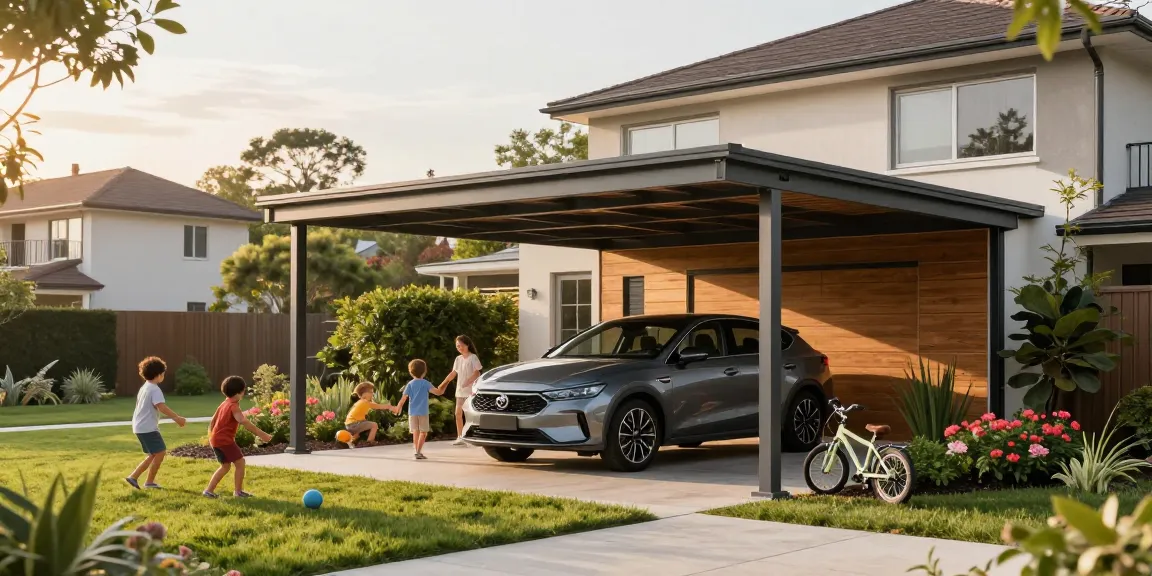 Carport aus Stahl und Holz mit einem eleganten Fahrzeug unter dem Carport, umgeben von einem gepflegten Garten.