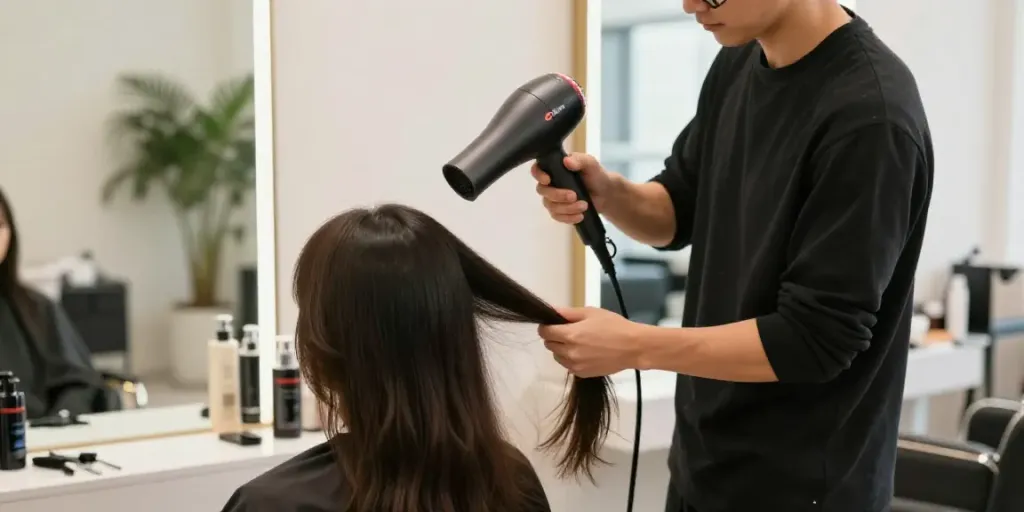 Professionelle Anwendung des Laifen Haartrockners in einem modernen Friseursalon.