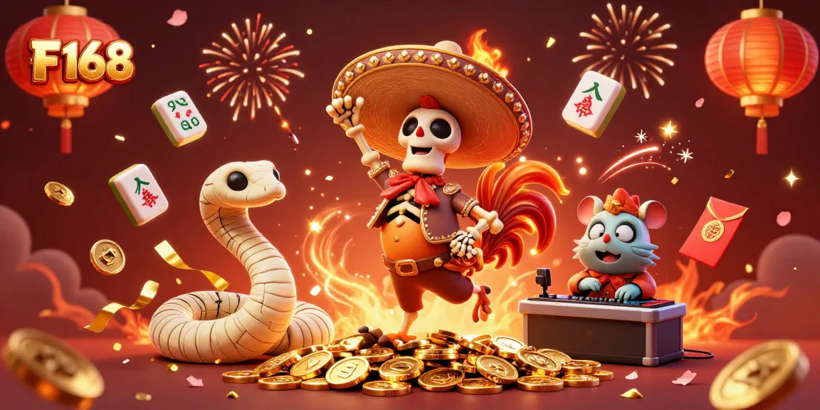 Experience F168 with a vibrant celebration scene featuring iconic casino elements and characters.