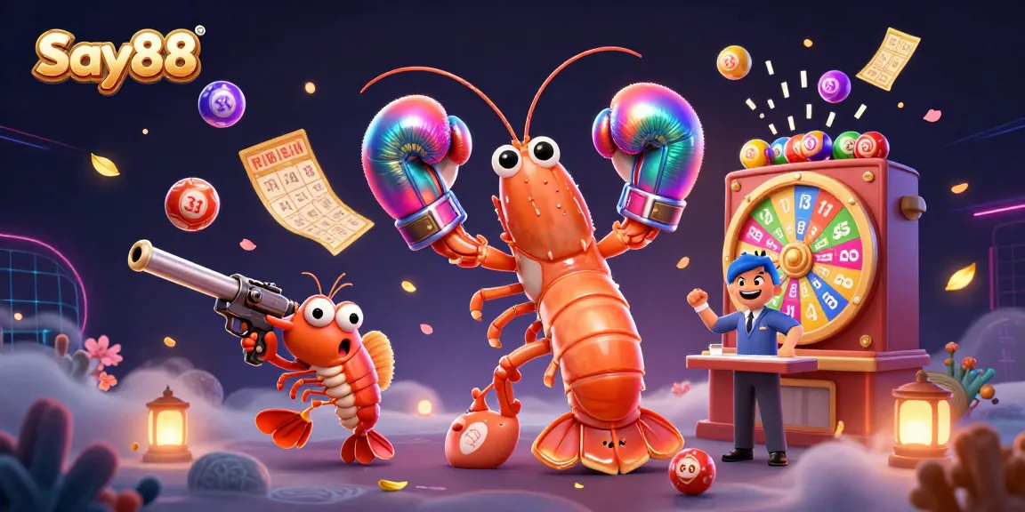 Experience thrilling gameplay with Say88's energetic cartoon illustration of vibrant lottery elements and characters.