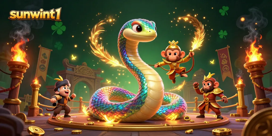Engage with sunwint1 in a vibrant 3D illustration featuring a rainbow serpent and monkey king in a rich gambling environment.